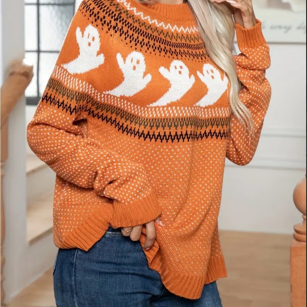 Retro Fair Isle Ghost Print Sweater Halloween - Picture 5 of 16